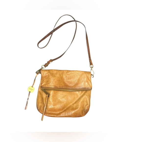 MARGOT New York Cognac Croc Embossed Leather Foldover Crossbody Bag Boho - Picture 2 of 13